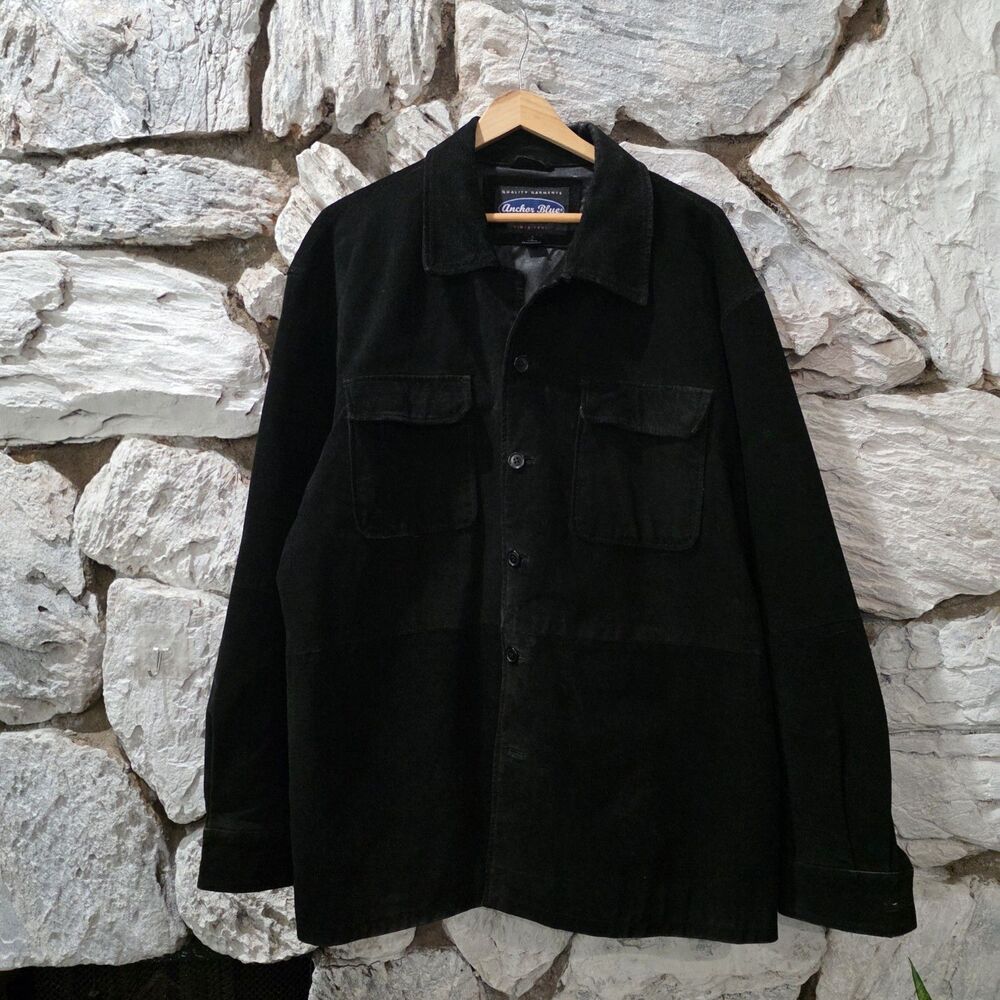 Vintage Y2K Anchor Blue Suede Lather Chore Barn Jacket Black Men's Size Large